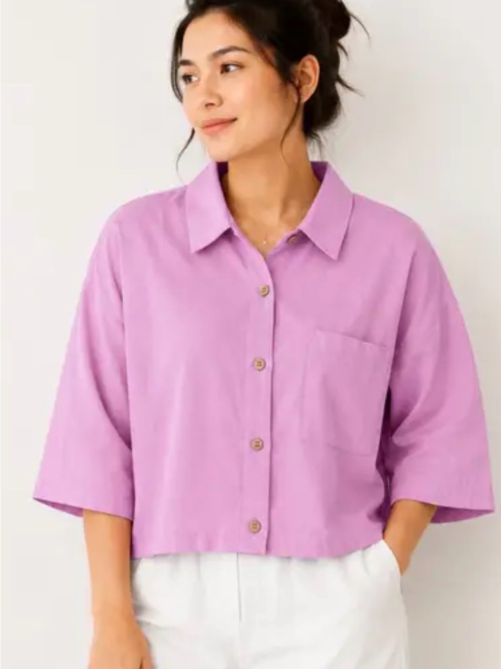 Anthropologie Lavender Cropped Button-Down Shirt 50% linen 50% viscous